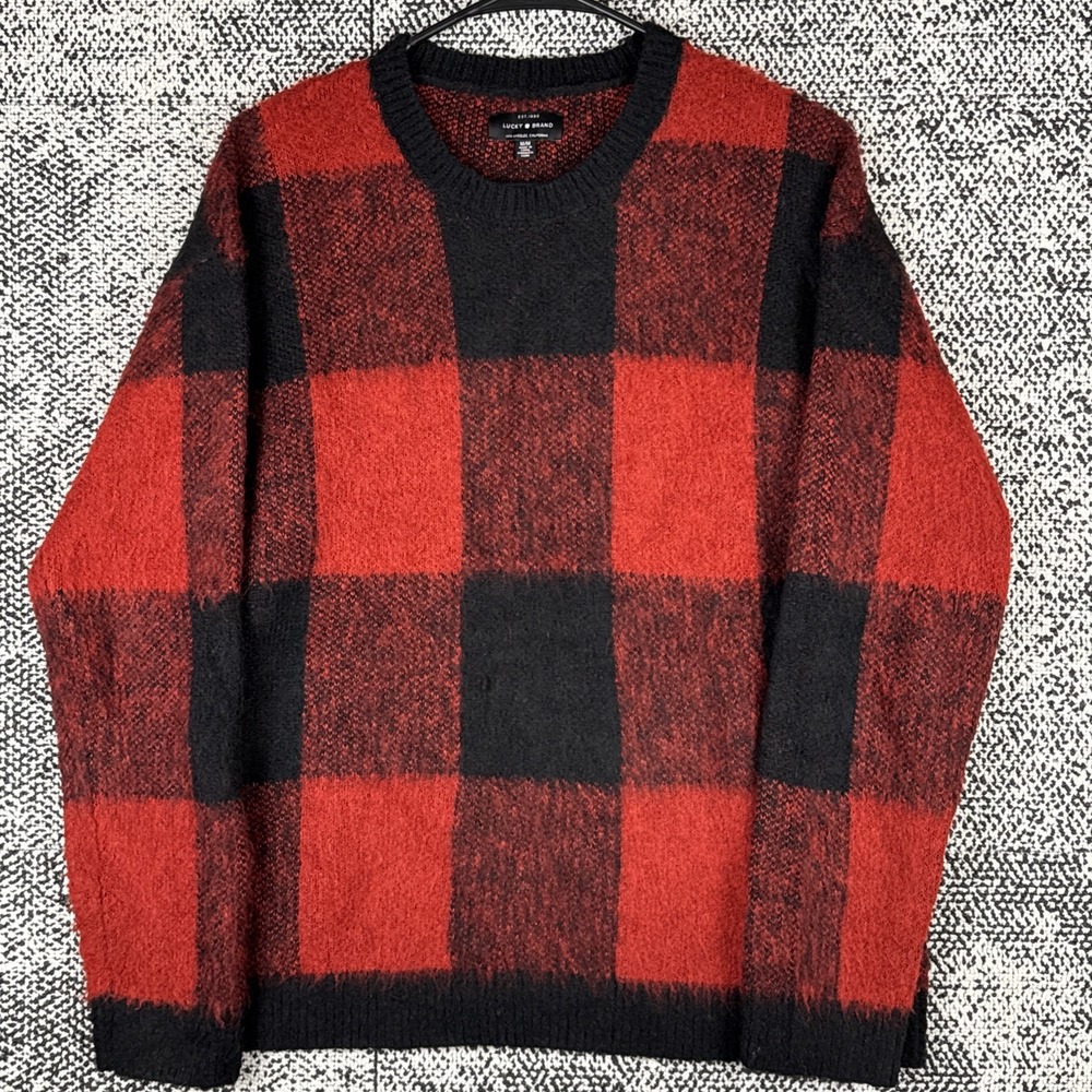 Lucky Brand Wool Blend Sweater Mens Medium Red‎ Buffalo Checkered Soft Fuzzy